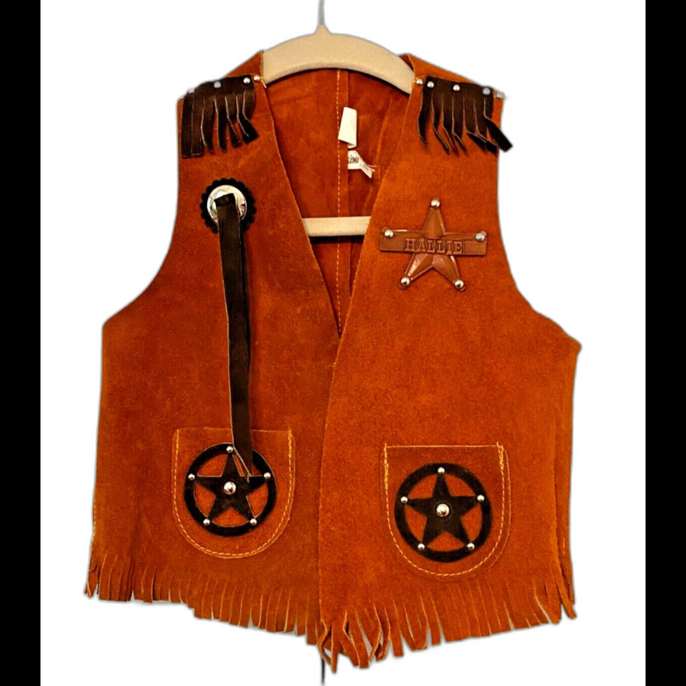 Vtg NEIMAN MARCUS Brown Suede Vest KIDS L Western Sheriff Cowboy Fringe USA Made